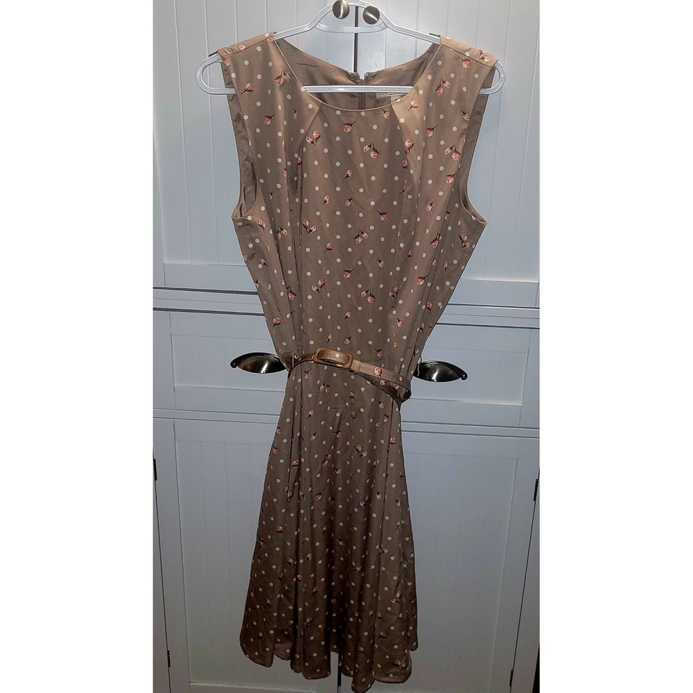 Eva Mendes New York & Company Taupe Floral Polka Dot Belted Flare Dress Size 16